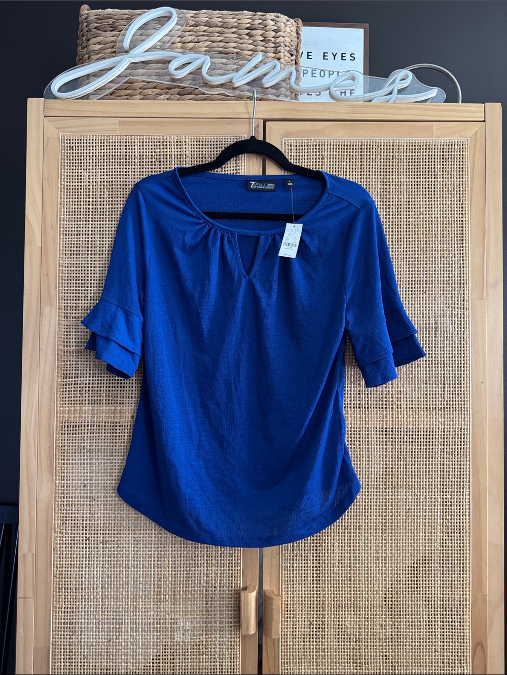 New York & Company Royal Blue Ruffle Sleeve Keyhole Top